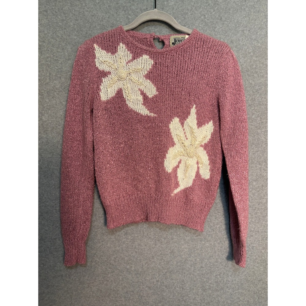 Vintage 80s Joyce Pink Floral Sweater Small Beaded‎ Shoulder Pad Cottagecore